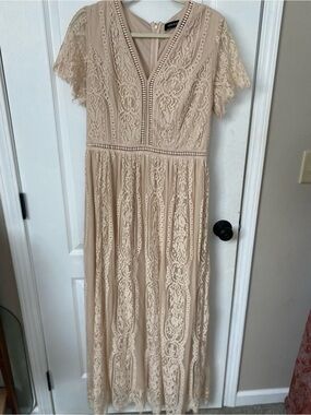 Lace V-Neck Maxi Dress in Beige